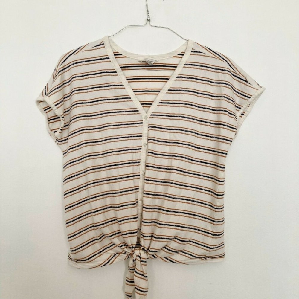 Lucky Brand Striped Blouse Women's Size Large Orange Tie Bottom 100% Cotton